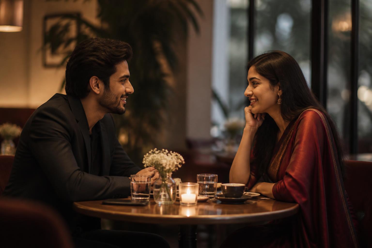 Two people meeting for the first time at a candlelit café table